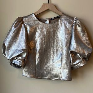 Zara (golden) metallic top with statement sleeves
